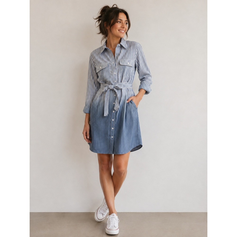 Lands' End Shirt Dress Womens S 6-8 Blue White Striped Ombre Belted Coastal NWT